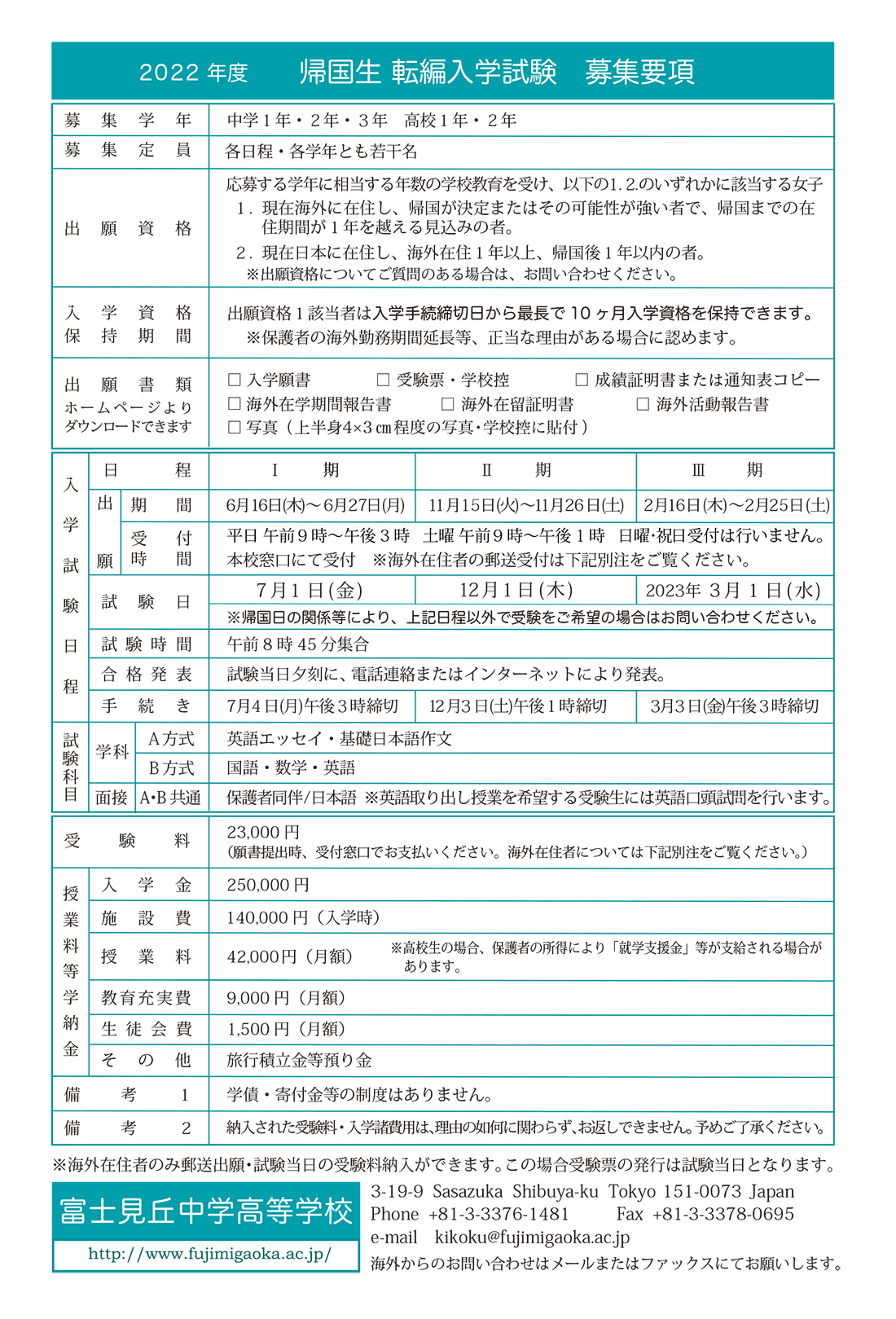 2022年度 帰国生転編入学試験募集要項